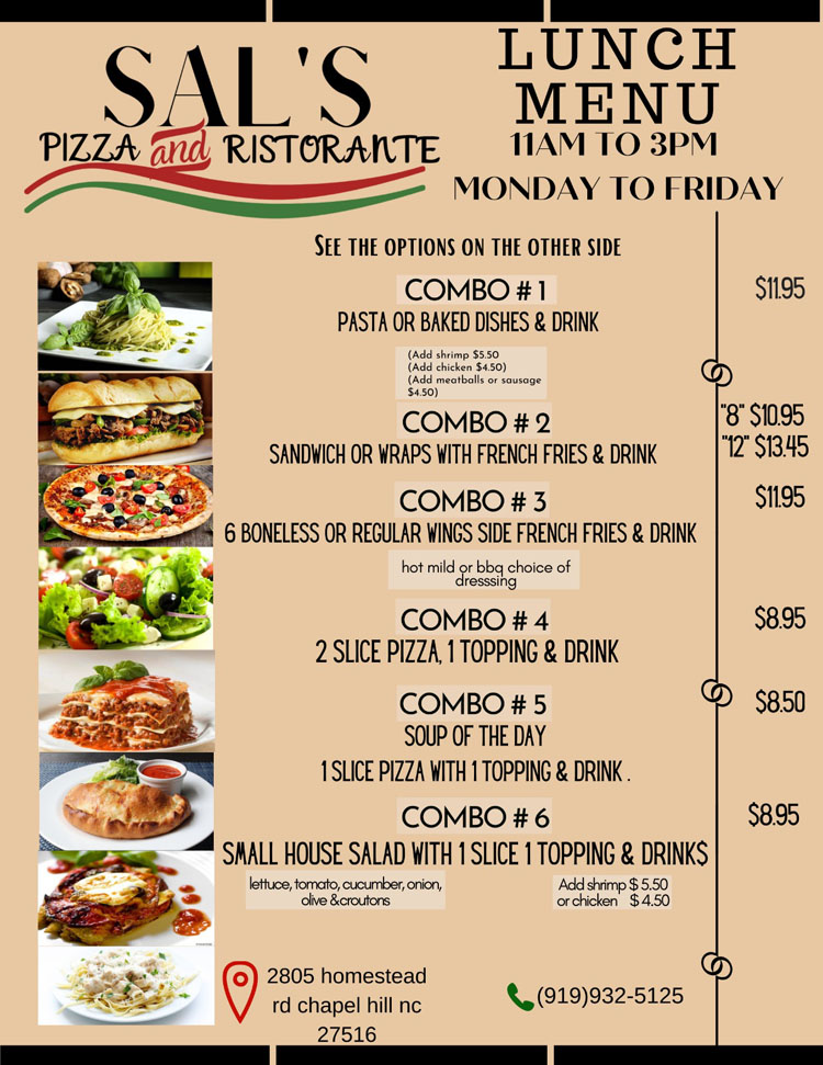 Lunch Menu Combos And Specials Sal s Pizza Italian Food Dine In 