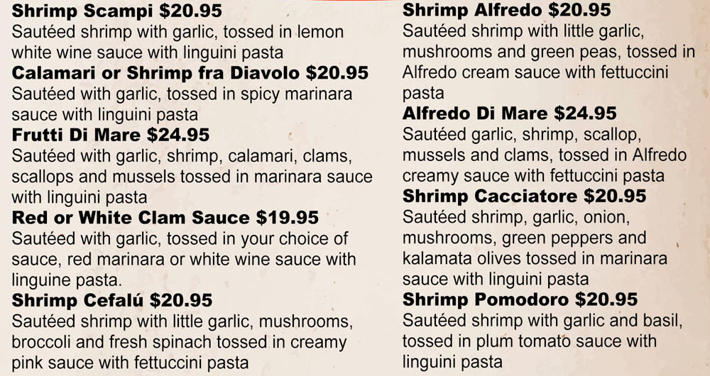 seafood scampi calamari clam sauce shrimp pomodoro